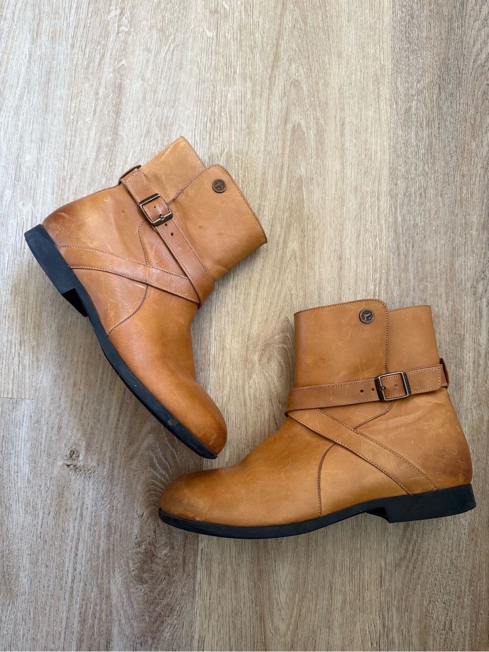 Birkenstock Cognac Leather Ankle Booties with Buckle Strap